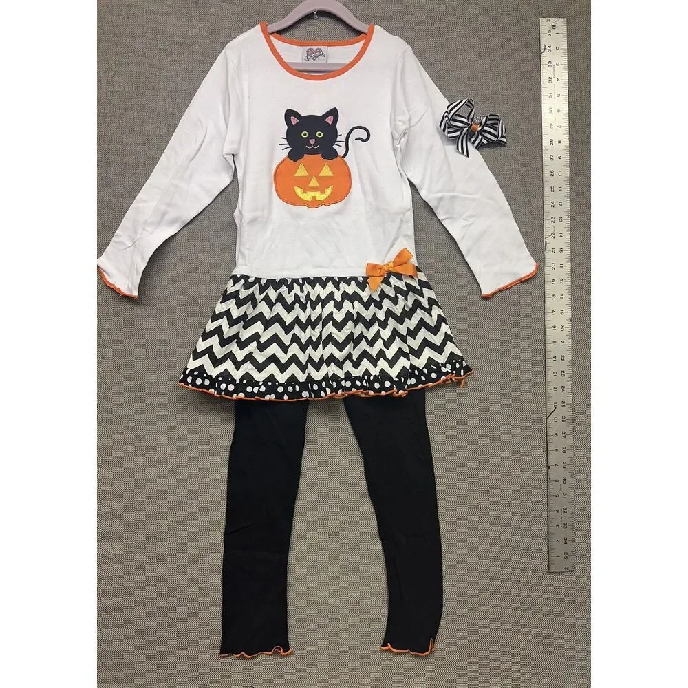 BNWT Ann Loren Halloween Black Cat In Pumpkin‎ Dress Pants Set Girls Size 7/8